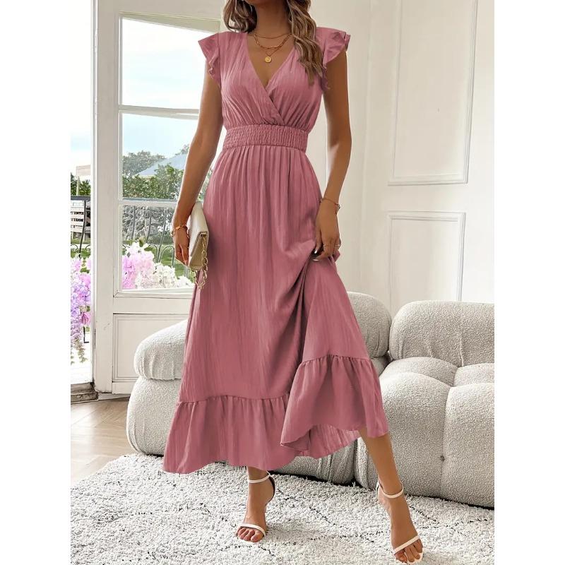 QICED Fashion Summer Spring Short Sleeve V-Neck Casual Dresses