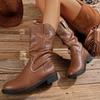 Women's Plus-Size Brown Fleece-Lined Mid-Calf Leather Boots - Autumn/Winter, European and American Style, Square Heel, Fashionable