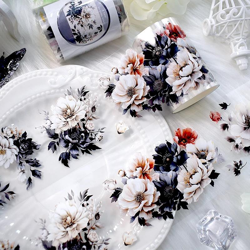 2M/Roll Black and White Flower PET Tape Ink Style Decorative Tape for Card Making Scrapbooking Planner Journal Stationery