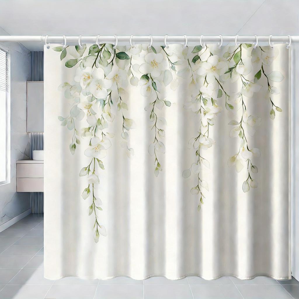 Watercolor Green Hanging Leaves Waterproof Shower Curtain For Bathroom Decor