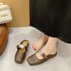 Wear a Pedal Bag Head and Half Slippers Outside, Spring New Square Head Flat Bottom Temperament Metal Decorative Shoes Women
