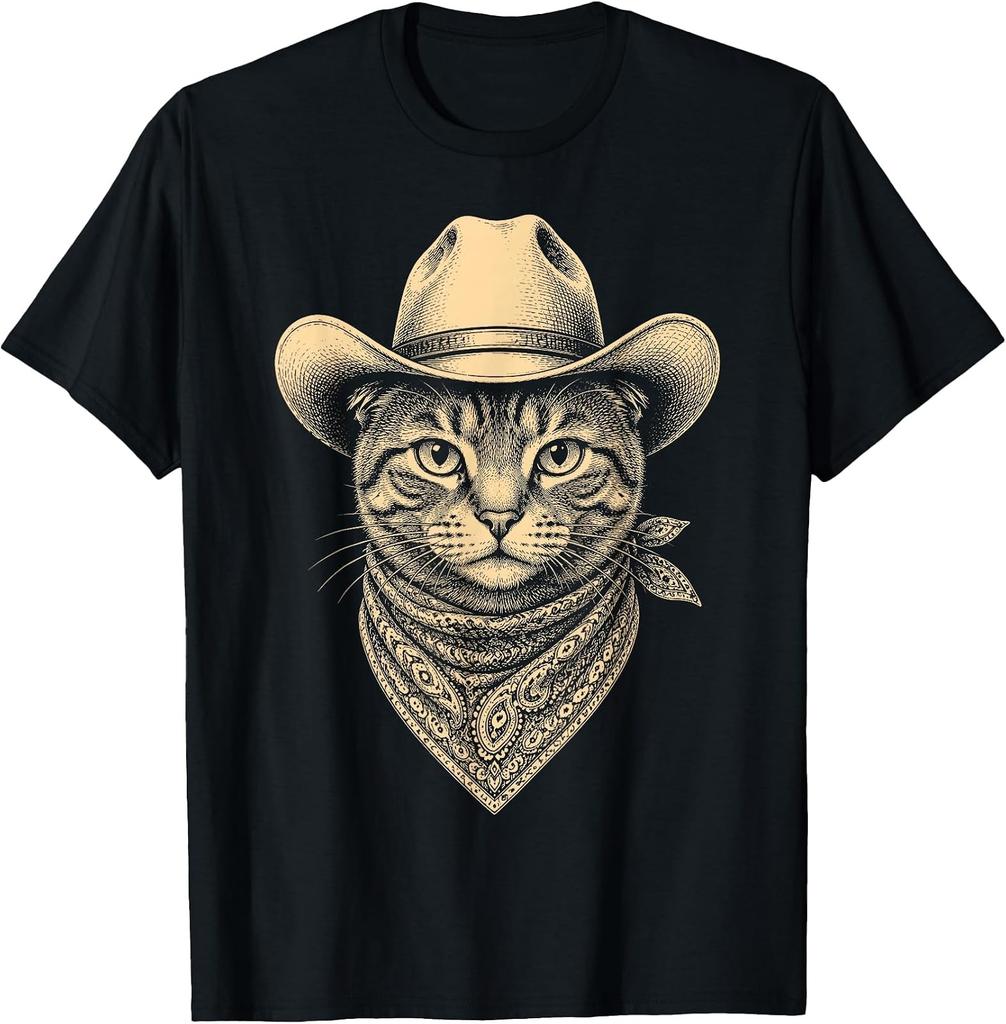 Vintage Tabby Cat Cowboy Hat Bandana Western T-Shirt - Retro Style Fashion