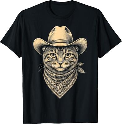 Retro Western T-Shirt Featuring Vintage Tabby Cat and Cowboy Hat Design