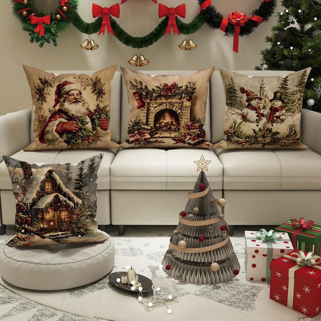 Christmas Decoration Pillow Cover Retro Santa Claus Snowman Pattern Living Room Sofa Cushion Cover Home Farmhouse Decoration