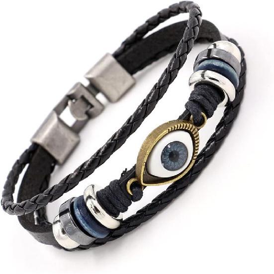 Caiyao Punk Ethnic Layered Leather Evil Eye Bead Cuff Bracelet Adjustable Braided Woven Hamsa Hand Wrap Elephant Owl Animal Wristband for Women Men