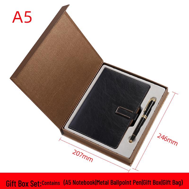 Men's Business Notebook with Printed Pages, Leather Cover, Magnetic Buckle, and Pen Holder. Perfect for Meeting Minutes and Office Use.