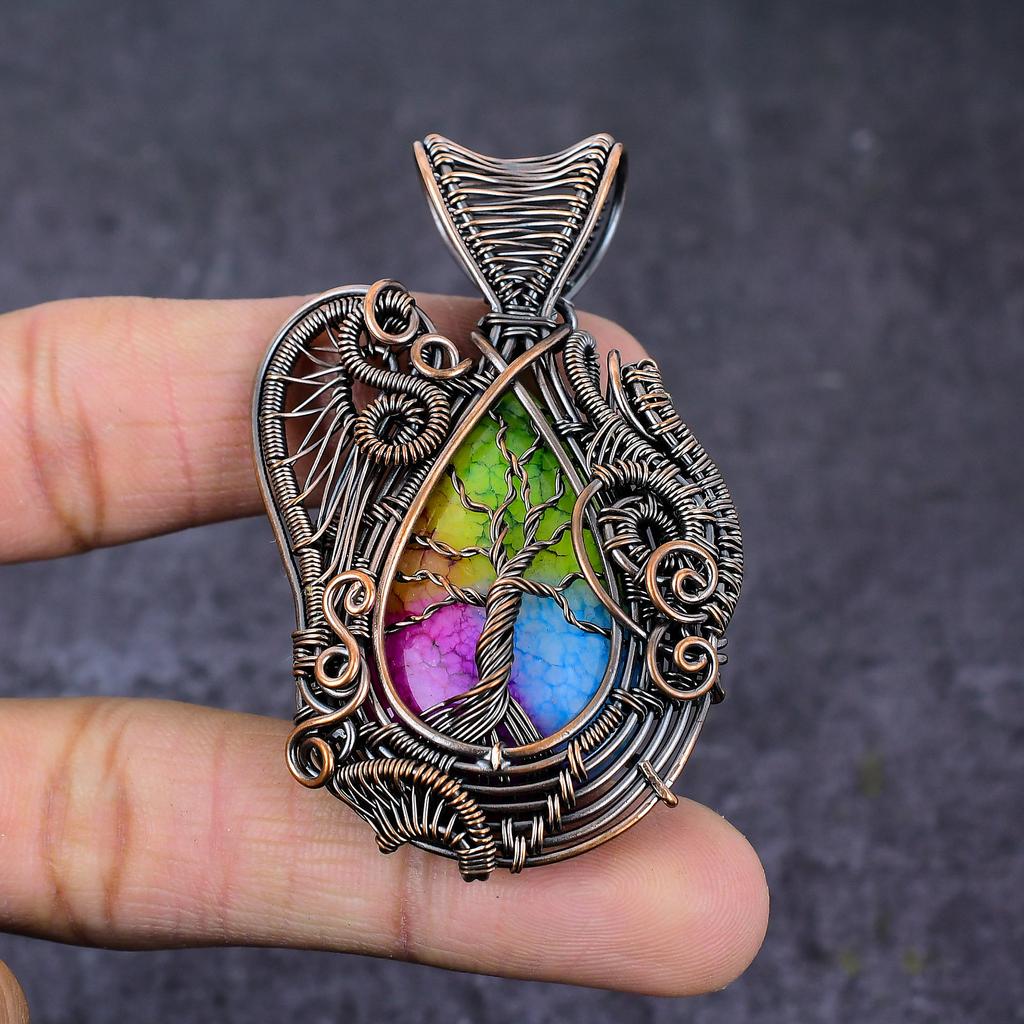 Rainbow Solar Quartz Handmade Copper Wire Wrap Tree Of Life Pendant 2.64" B5M87