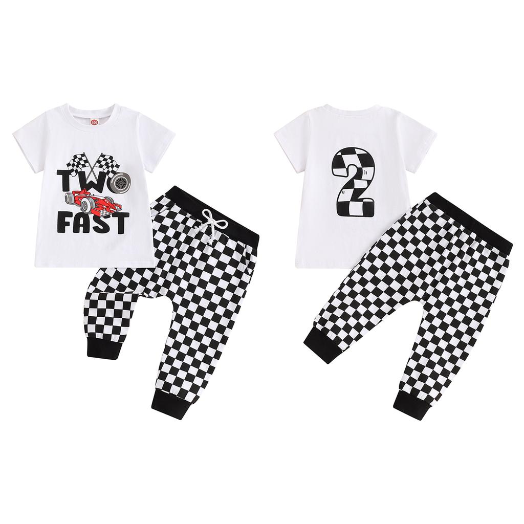 Baby Boys Birthday Outfit Summer Racing Car Print Short Sleeve T-Shirt and Checkerboard Pants Cute Clothes Set