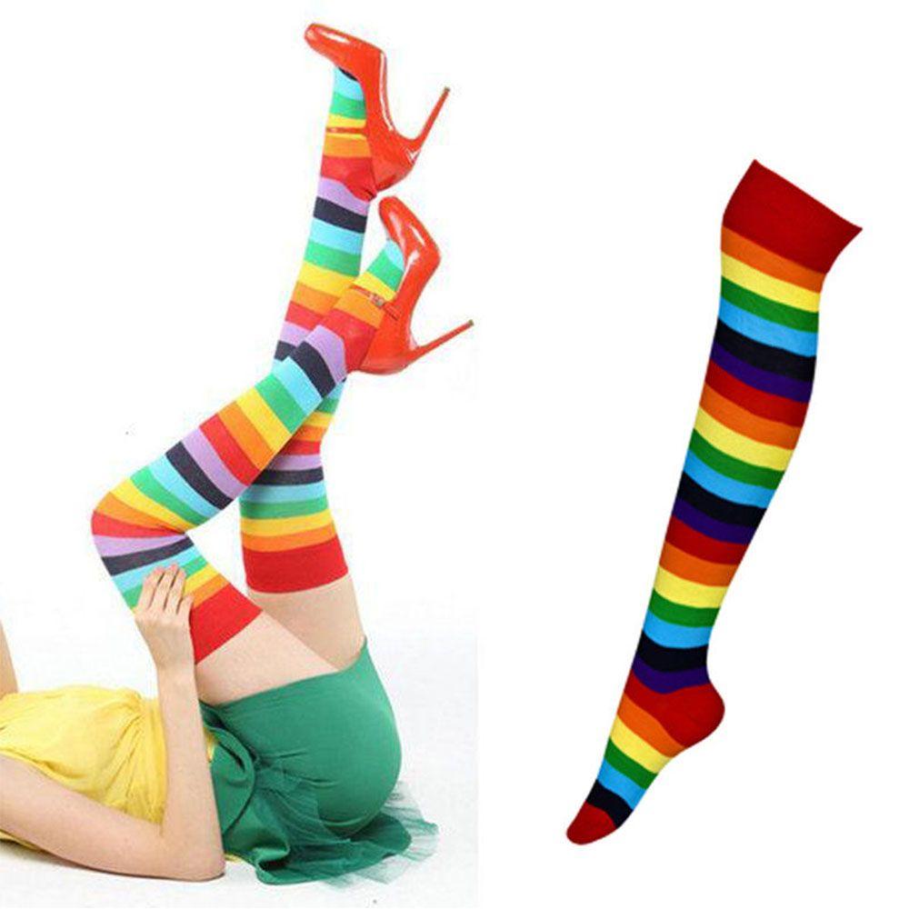 Girl Polyester Cotton Long Stockings Rainbow Colorful Stockings High Tights Women Stripey Stockings