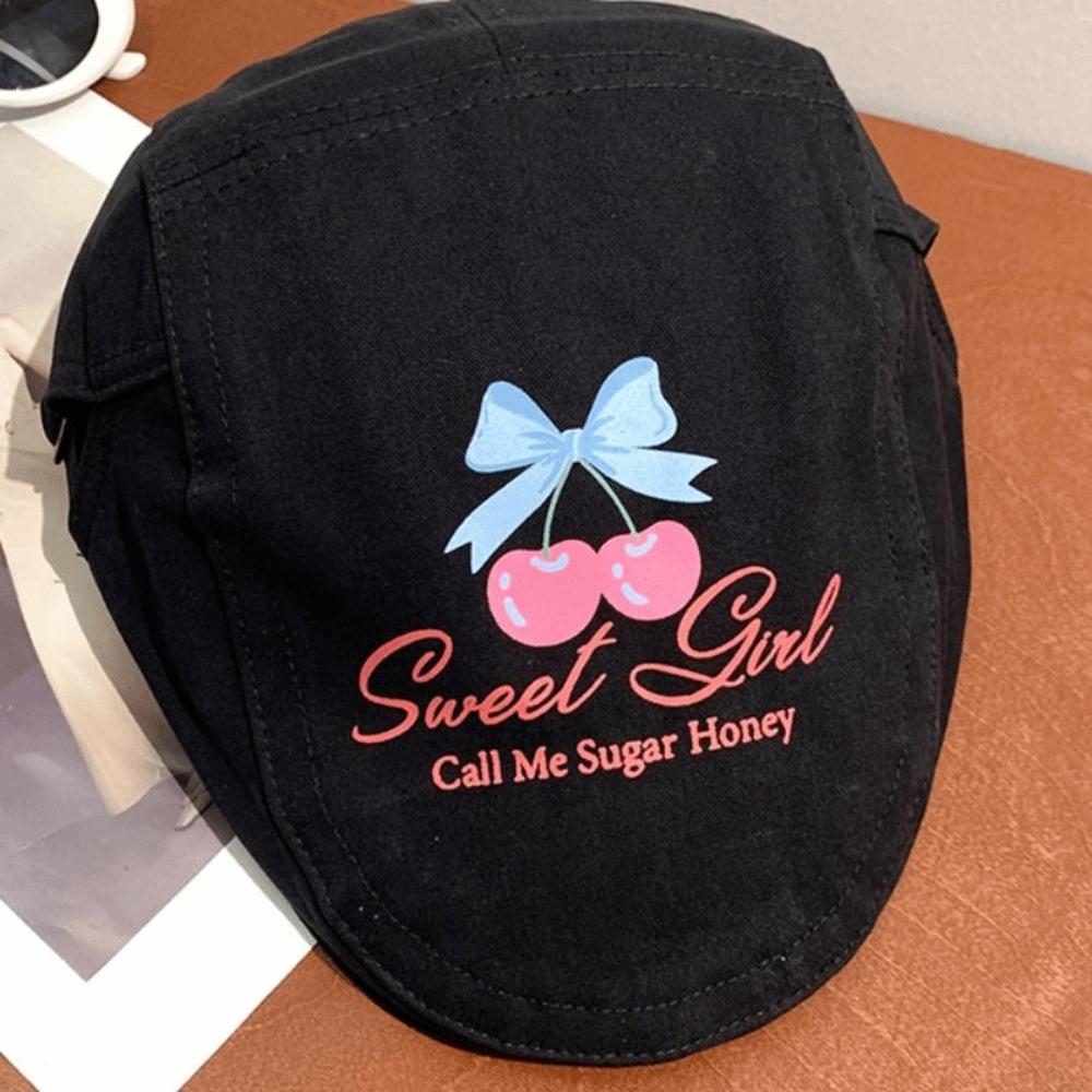 Embroidey Graffiti Forward Hat Cherry Artist Hat Adjustable Y2k Beret  Teenagers