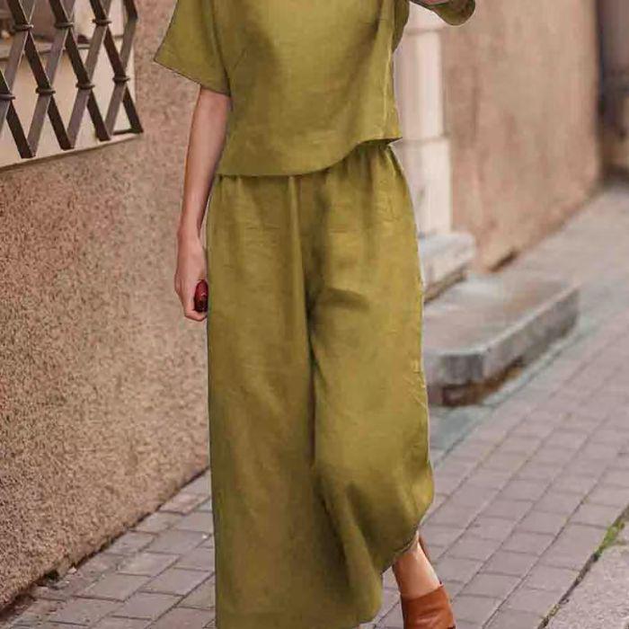 2025 Spring & Autumn Cross-Border Solid Color Casual Two-Piece Set with Fashionable Wide-Leg Pants