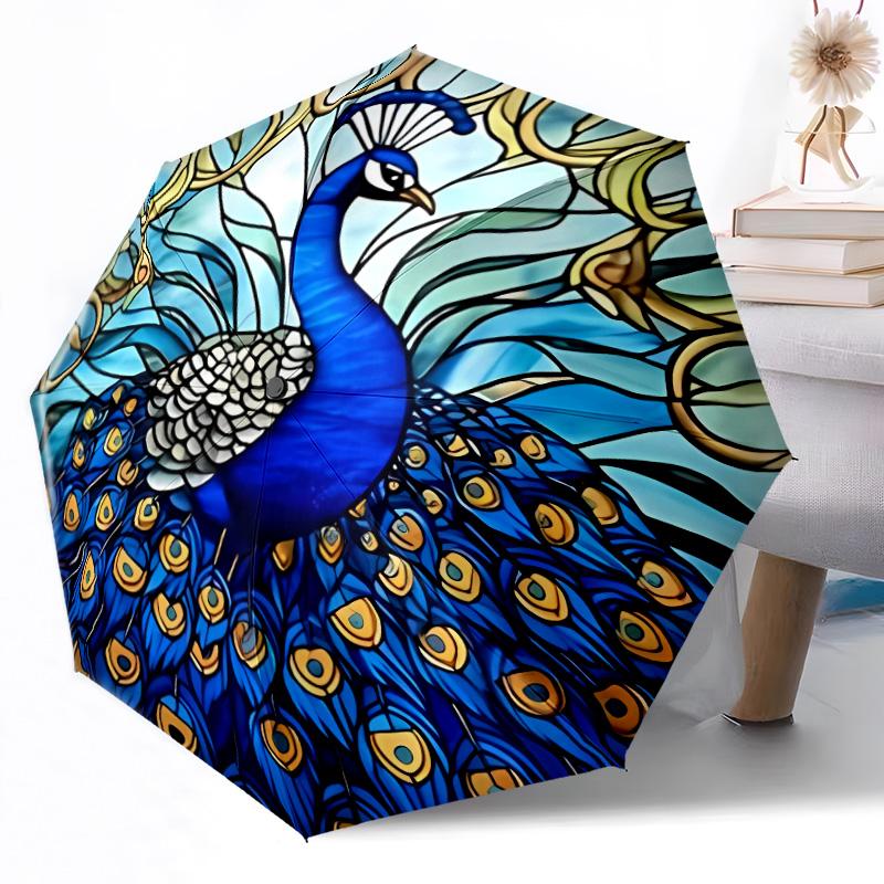 Stained Glass Peacock Art Portable Automatic Umbrella Compact & Durable 8-Rib Design Lightweight Travel Essential Fashionable Stylish Gift for Women