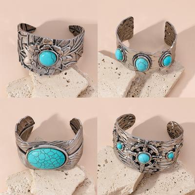 Cross Border Hot Retro Ethnic Style Inlaid Turquoise Bracelet For Women Of The Miao Ethnic Group Carved Into Old Bohemian Style Accessories