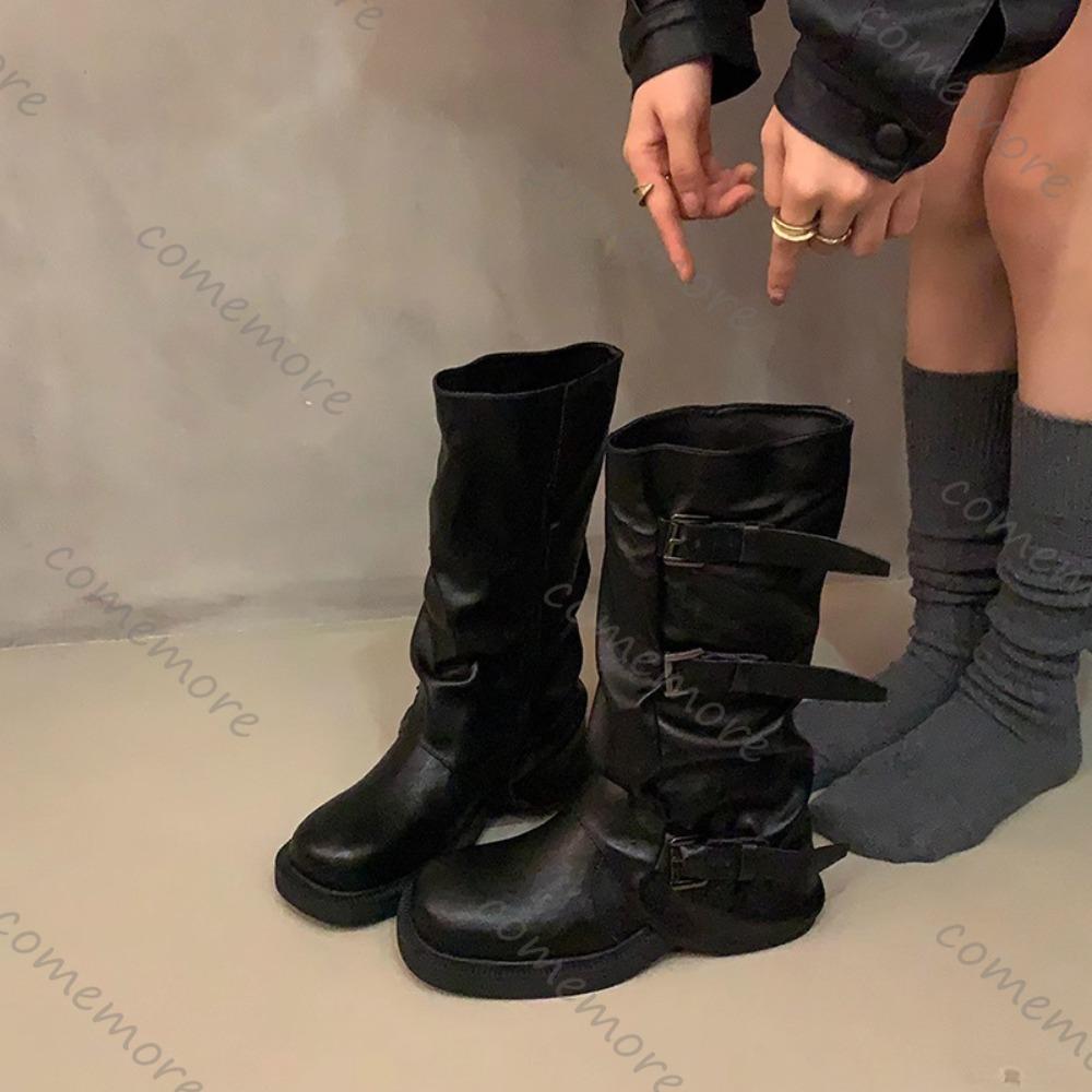 Fashion Comemore New Round Toe Belt Buckle Women Boots Fashionable Thick Sole Mid Calf Botas Autumn Black Patent Leather Women Shoes