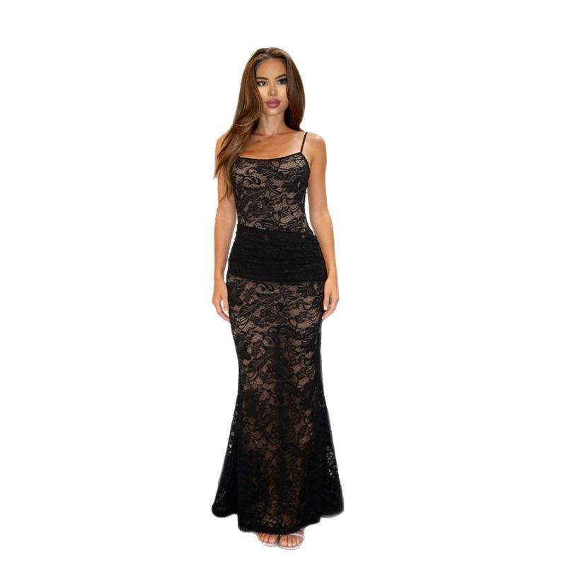 European Spring 2026 Women's Lace Camisole High Waist Slim See-Through Dress