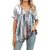Women Boho Floral Leaf Geometric Print V Neck Tunic Top, Short Sleeve Front Pleated Flowy Hem Loose Fit Casual Daily Blouse
