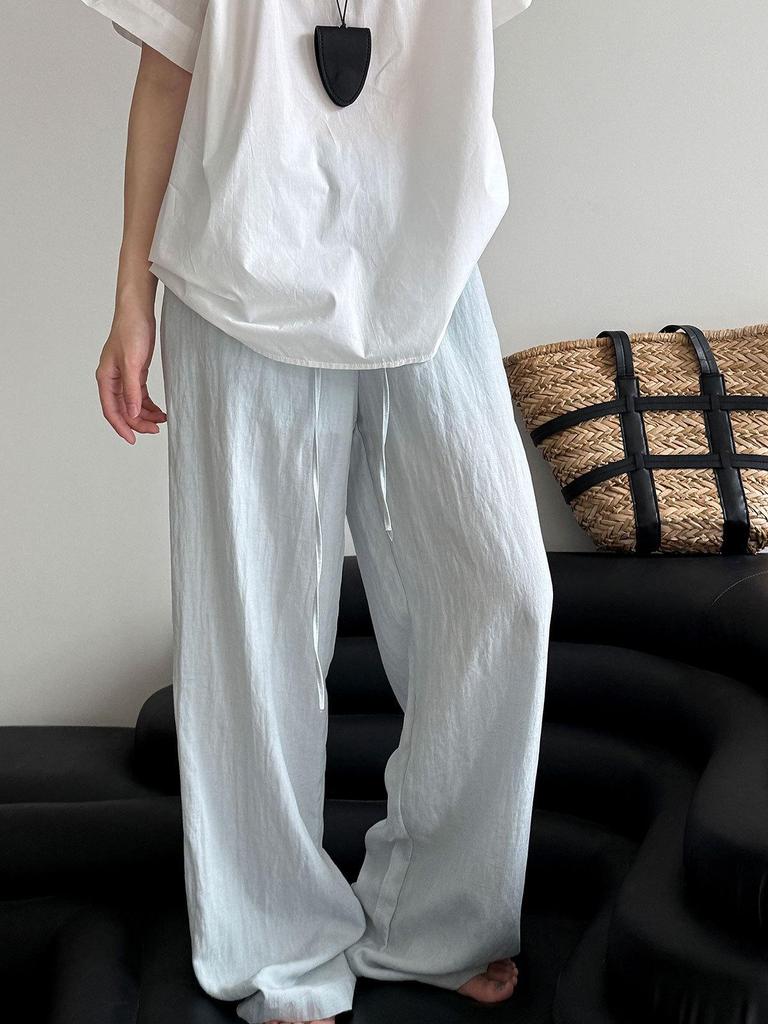 LUXI Women's Tencel Linen Elastic Waist Wide-Leg Summer Pants