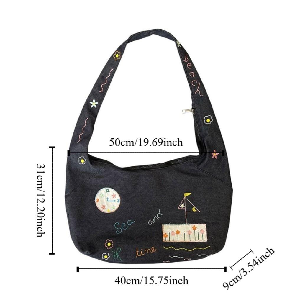 Retro Denim Canvas Bag Cloth Embroidery Tote Bag Vintage Cartoon Pattern Shoulder Bag  Travel