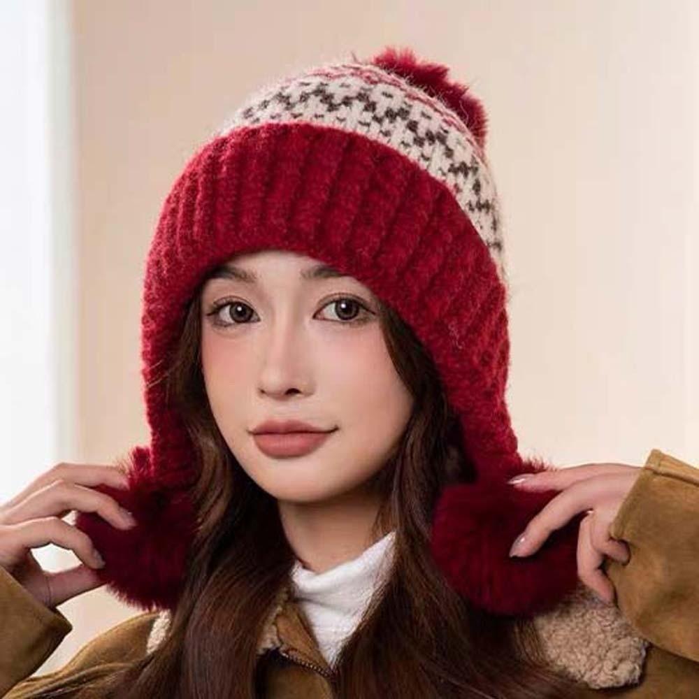 Cute Style Knit Beanie Hat Fleece Lined Winter Earflap Cap Jacquard Pullover Bonnet Students