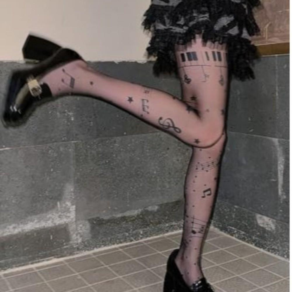 New Ultra-Thin Patterned Stockings Stretchy Fabric JK Style Pantyhose Symbol Print Music Note Tights Club Party