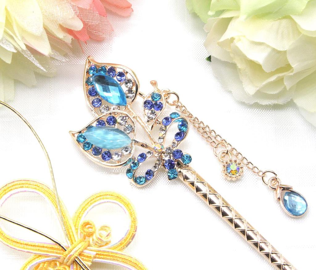 Miaomyao Single Hair Ornament for Kimono and Tulip Flower and Ribbon Pink Gold Hairpin, Tomesode, Metal, Pair, Couples, Motif, (Blue)