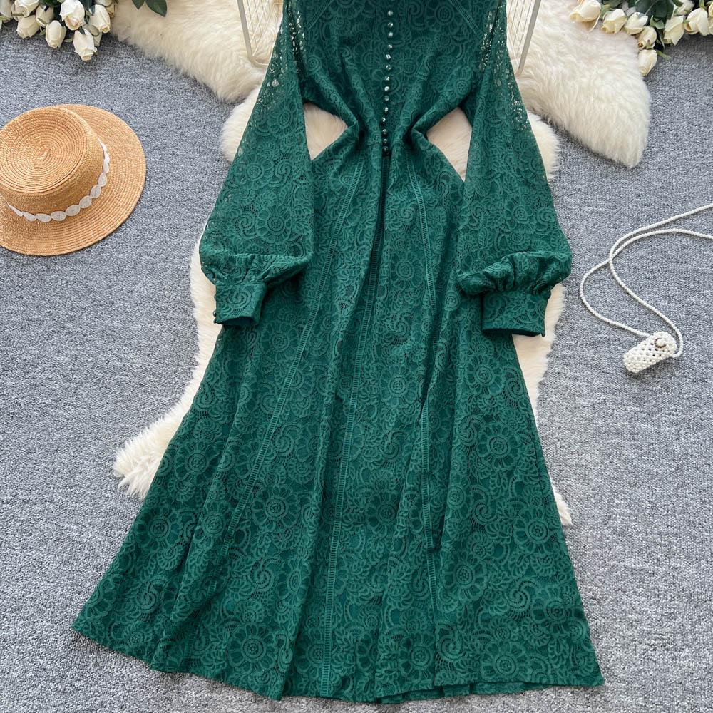 French Court Style Dress Women's Autumn High-end Single-breasted Waist and Thin Temperament Lace Long Dresses