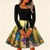 Women's Vintage Square Neck Long Sleeve Halloween Print Evening Dress