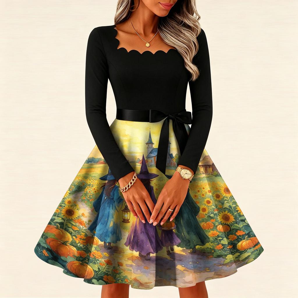 Women's Vintage Square Neck Long Sleeve Halloween Print Evening Dress