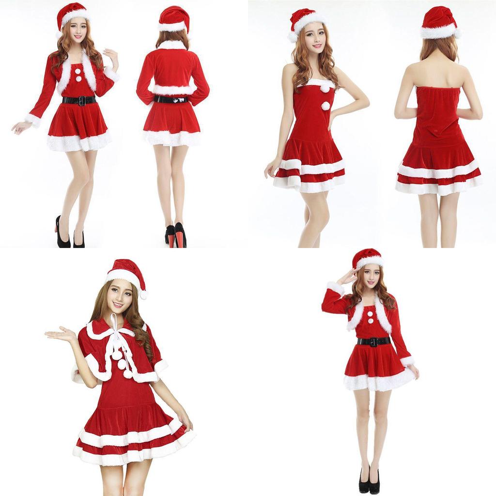 Christmas Santa Claus Adult Female Red Pleuche Dress Suit