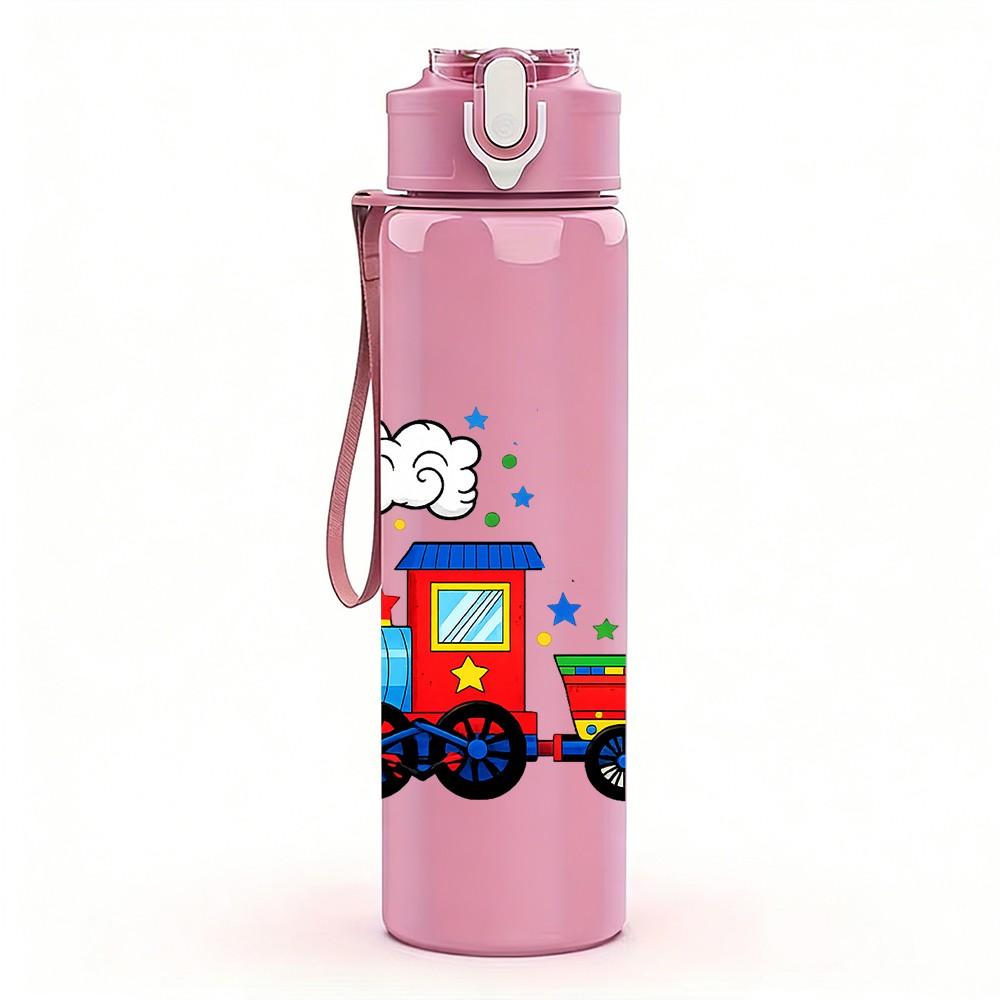 1PC Colorful Toy Train Print 750ml Color Plastic Sports Water Bottle Leakproof Flip Straw Lid Suitable for Sports Office Home Use