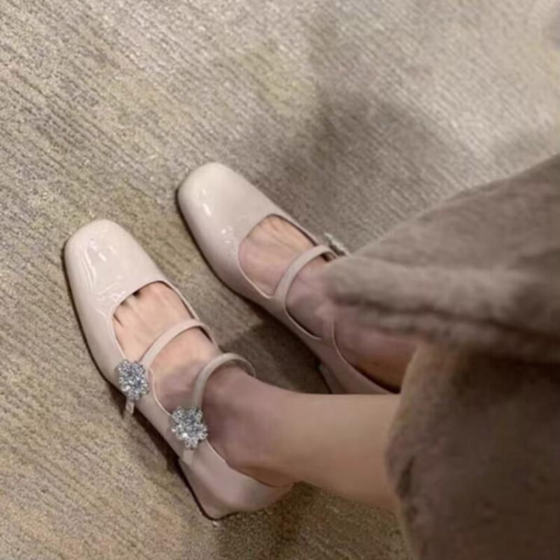 Fashion Spring New Style Thick Heel Shoes for Women Square Head Shallow Mouth Diamond-like Buckle Soft Sole Non-slip Mid-heel Shoes