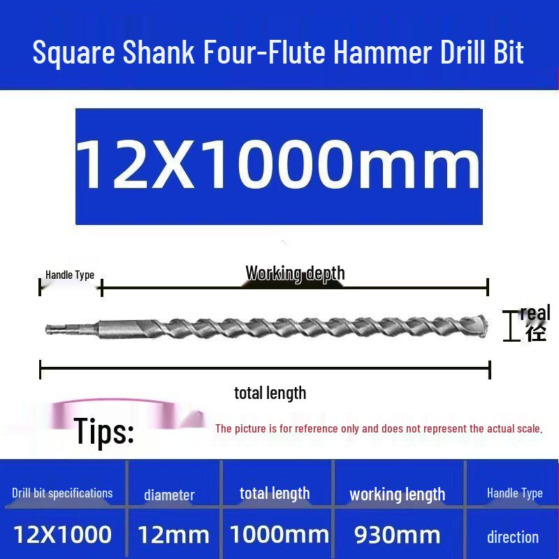 Extended Electric Hammer Drill Bit, Square & Round Shank, for Concrete Piercing - Available in 500mm to 2m Lengths