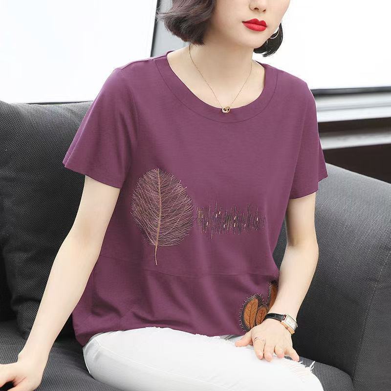 Cotton Leaf Pattern Embroidery T-Shirt O-Neck Three Quarter Sleeve Tshirts Women's Autumn Loose Fit Top
