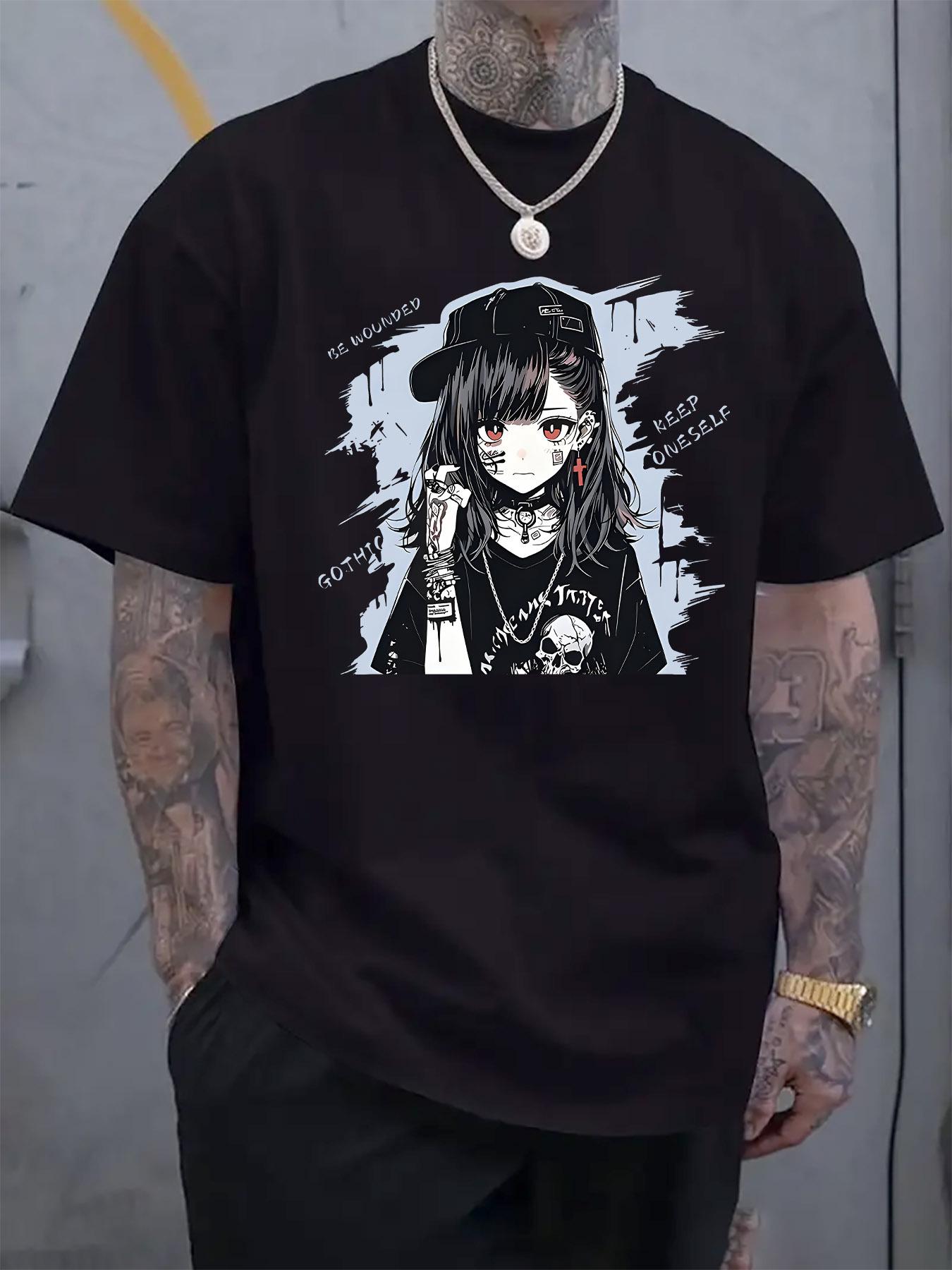 Casual Crew Neck T-shirt with Gothic Girl Print - Short Sleeve XXXL