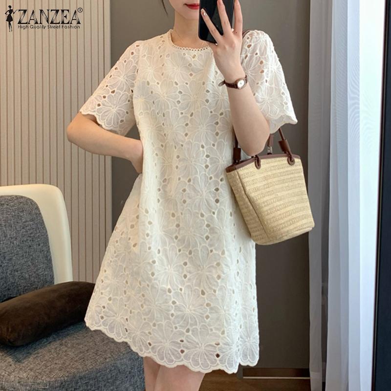 

ZANZEA Женское летнее свободное повседневное платье с круглым вырезом и коротким рукавом с вышивкой