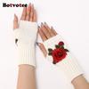 Botvotee Y2k Accessories Arm Warmers Sleeves for Women Flower Fashion Half Finger Knit Winter Arm Guard Black Fingerless Gloves