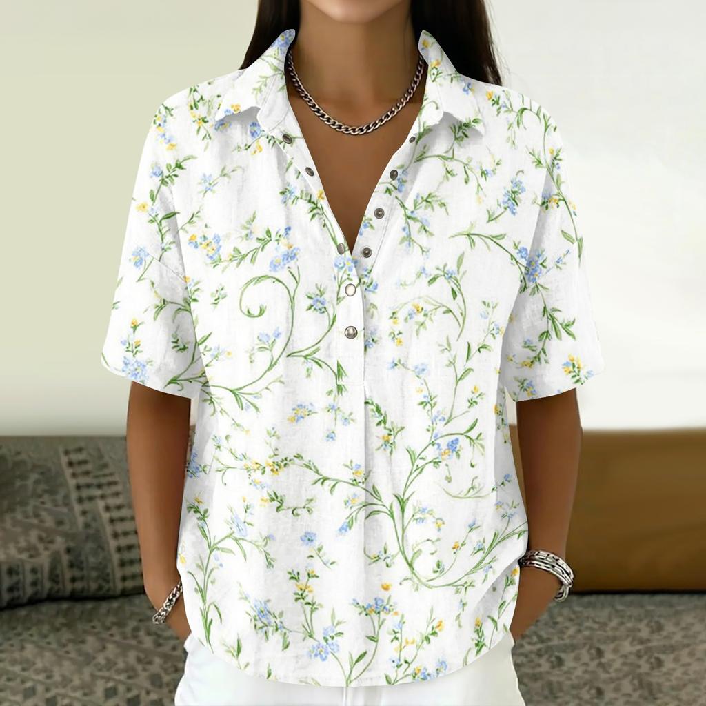 Damen Mode Polo Kragen Knopf Vintage Blumendruck Locker Geschnitten Kurzarm T-Shirt Leinenmischung Lässiges Oberteil für den Sommer