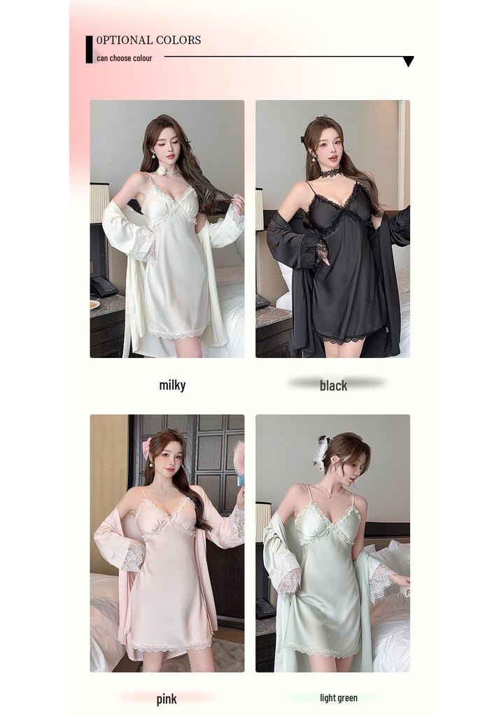 Women's Light Luxury Ice Silk Camisole Nightgown with Lace Trim and Chest Pads