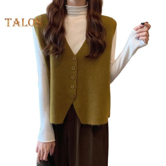 Jesień Zima Damska Kamizelka Dekolt w Serek Zapinana Na Guziki Jednolity Kolor Luźna Dzianina Gruba Utrzymuje Ciepło Bez Rękawów Luźny Sweter Top