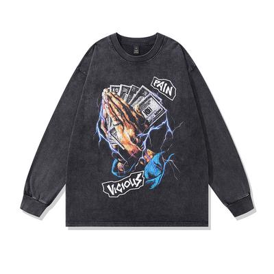 American Retro Hip Hop Washed Long-Sleeved T-Shirt Vintage Print Large Version Pullover Sweater For Men And Women