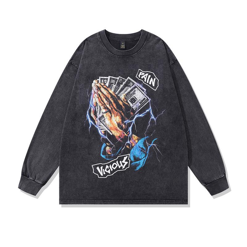 American High Street Retro Long-Sleeved T-Shirt White Ink Direct Spray Print Heavy Cotton Washed Crew Neck Sweatshirt Men'S Ins