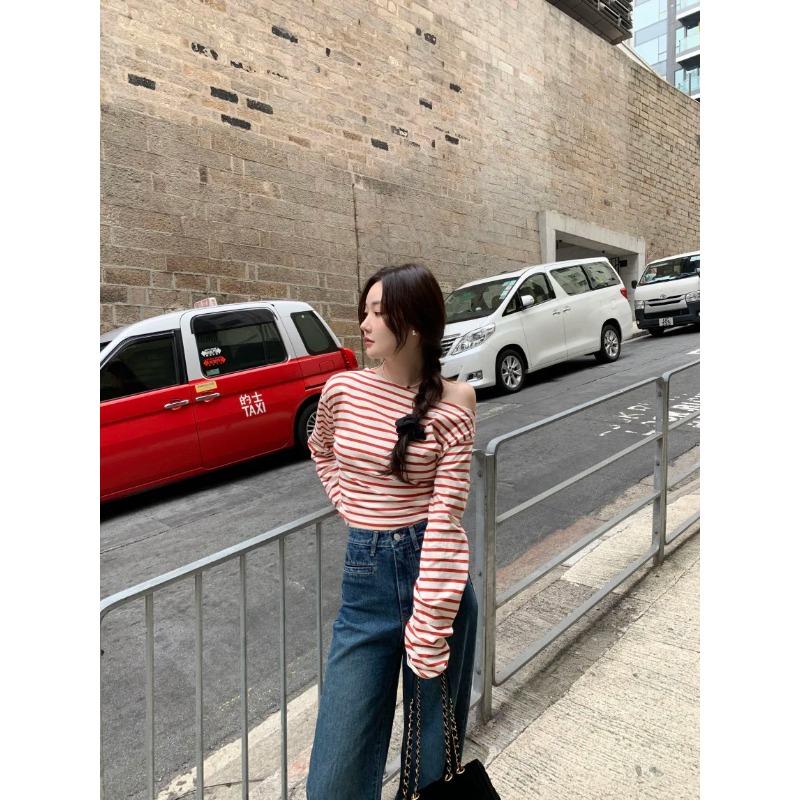 Women's South Korean Chic Stripe Fit Off-the-Shoulder Long Sleeves Shirt Slim Slimming Inner Wear Bottoming Shirt Retro Lady