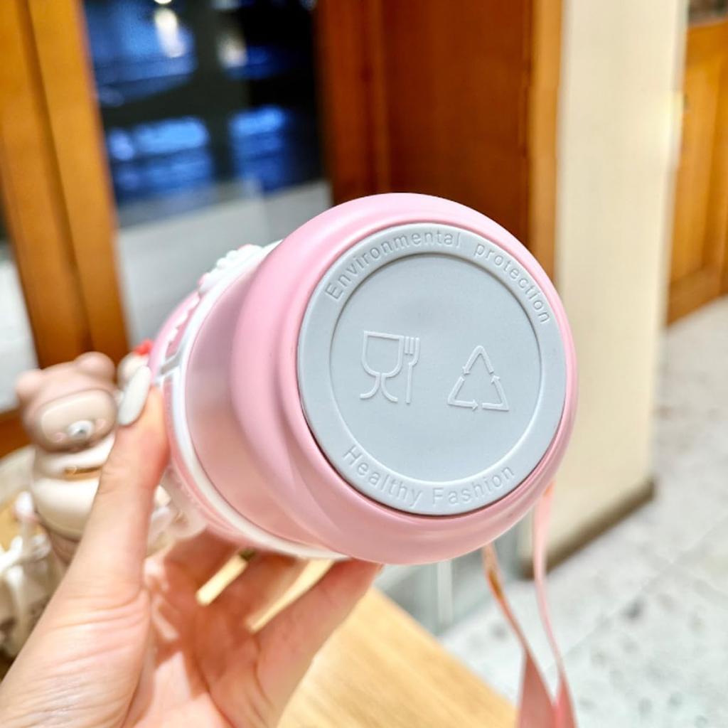 Cute Stainless Steel Water Bottle with Straw and 550ML Rabbit Insulated Bear Water Bottle Leakproof Strap,