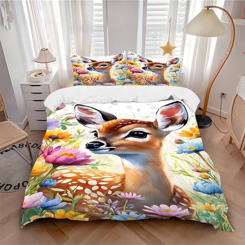 3Pcs Deer Wildflowers Bedding Set Soft Fabric Duvet Cover Pillowcases Home Christmas Xmas Halloween Gift 1 Duvet Cover 2 Pillowcase G1204