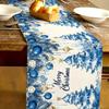 Merry Christmas Blue Xmas Tree Linen Table Runner Party Decor Winter Xmas Ball Kitchen Dining Table Runners Christmas Decoration