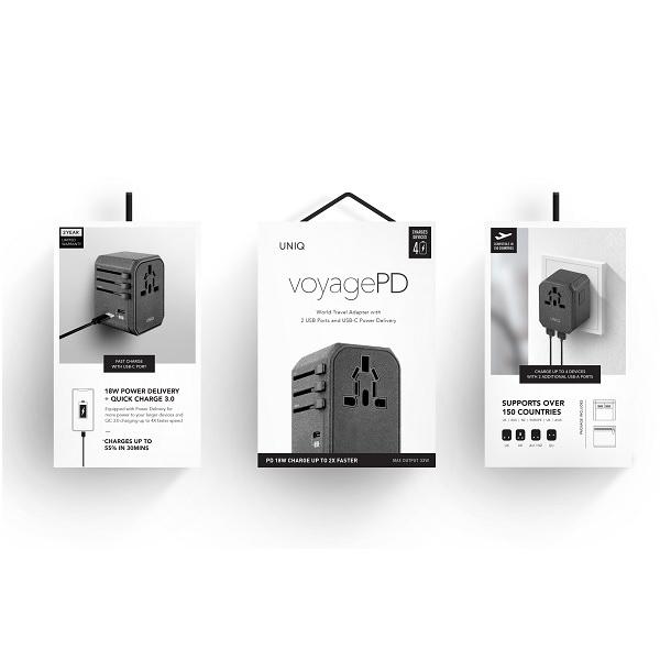 UNIQ Lad. network. Voyage World Adapter 33W+ 2xUSB + PD 18W + QC 3.0 gray/charcoal gray (LITHOS Collective)