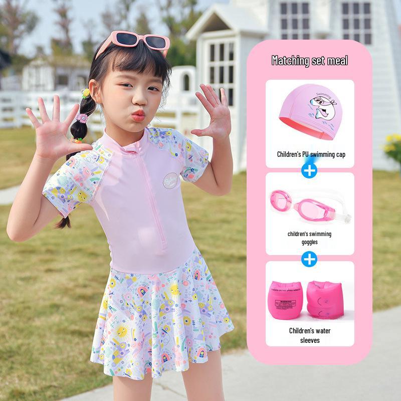 2024 Girls' Cute Skirt-Style One-Piece Swimsuit: Short Sleeve, Sun Protection, Quick-Dry. Sizes for Young To Middle-Aged Kids.