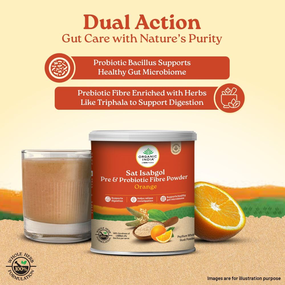 Organic India Sat Isabgol Pre & Probiotic Fibre Powder Orange 100g for Digestion and Gut Health