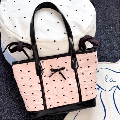 Polka Dot Bow Tote Bag Pink Color-blocked Shoulder Bag Stylish Simple Handbag Korean Y2k Style Sweet Girl Commuting Underarm Bag
