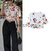 Summer New Product Women's Clothes Commute Style Slim Round Neck Short Sleeve Flower Printing Decoration Padded Shoulder Short T-shirt Tops